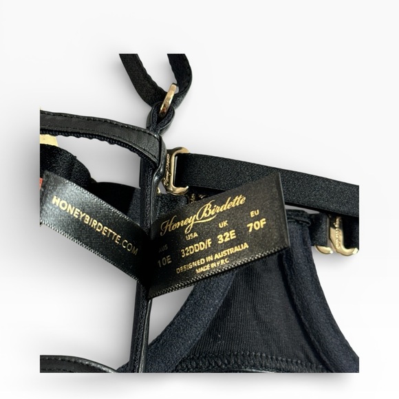 Honey Birdette KYLAH Black Faux Leather Bra Size 32DDD Thong Small Gold Set - Picture 10 of 10
